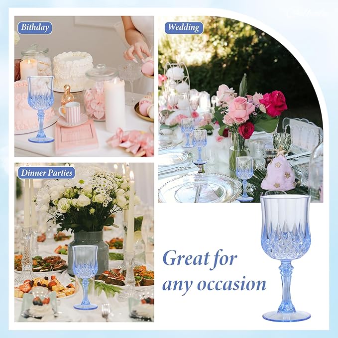 Blue Plastic Wine Glasses Set of 12 – 7oz Unbreakable Vintage Drinking Glasses for Parties Reusable & Dishwasher-Safe for Weddings, Bars, and Every Celebration