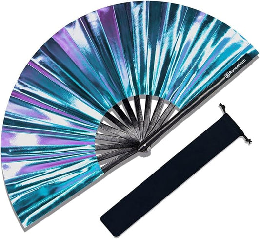 Large Rave Fan, Clack Folding Hand Fan with Premium Fabric, Thick Bamboo Frame for Men Women Gift for EDM, Festival, Club, Party, Dance, Decoration (Holographic Blue-Purple, 11")