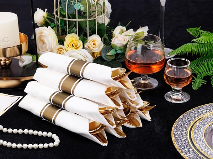 50Guests Pre Rolled Gold Plastic Silverware Sets - Heavy Duty Hammered Gold Cutlery Include 50 Pack Wrapped Disposable Utensils with Napkins for Parties, Dinners & Weddings