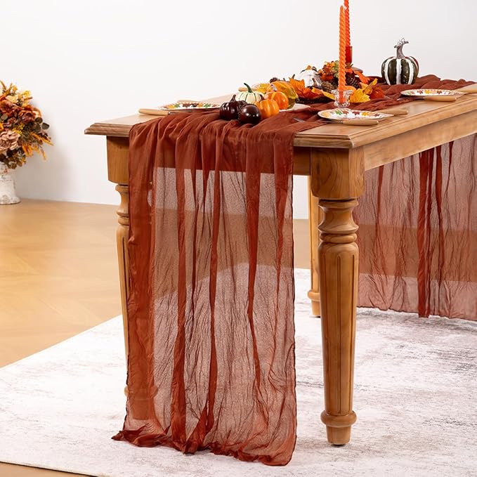 Terracotta Cheesecloth Table Runner Fall Burnt Orange Cheese Cloth Table Runner 120 Inches Rust Thanksgiving Fall Table Decorations for Friendsgiving Wedding Bridal Baby Shower Party
