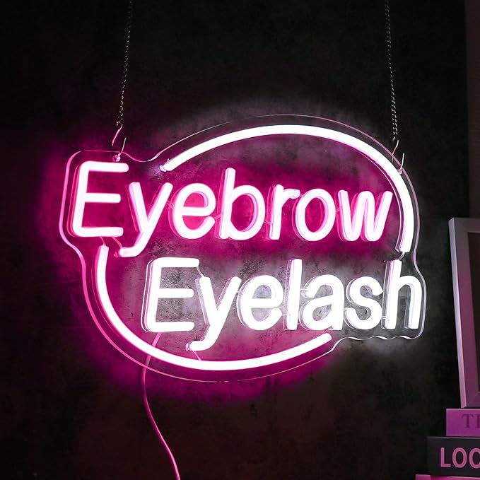 Eyebrows Eyelash Neon Sign, Pink and White Letter Neon Lights For Wall Decor, Girls Makeup Room Bedroom Beauty Salon Eyelash Studio Decoration（16.5 X 10.2 inch）