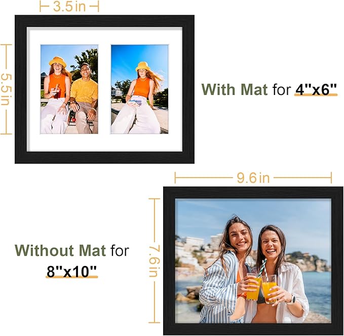 Vittanly 8x10 Collage Picture Frame, Displays 2Pcs 4x6 Pictures with Mat, Photo Frame for Wall Mounting or Table Top with Stand, Black, 1 Pack