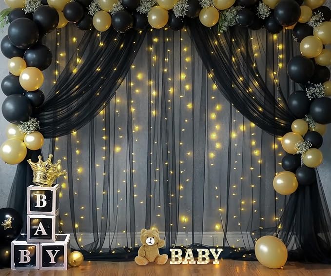 10ft x 10ft Black Tulle Photo Backdrop Curtain with Lights String for Parties Sheer Black Curtain Backdrop for Birthday Party Baby Shower Wedding Photo Booth Photography Background Decorations