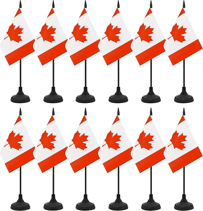 12 Pack Canada Desk Flag Set, Canadian Table Office Flag, Small Miniature Desktop Flag With Black Pole and Black Base, Classroom, Offices Meeting Desk Decoration (Canada)