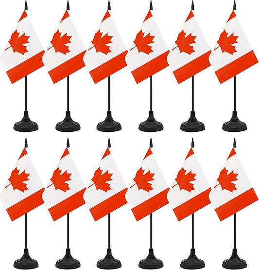 12 Pack Canada Desk Flag Set, Canadian Table Office Flag, Small Miniature Desktop Flag With Black Pole and Black Base, Classroom, Offices Meeting Desk Decoration (Canada)