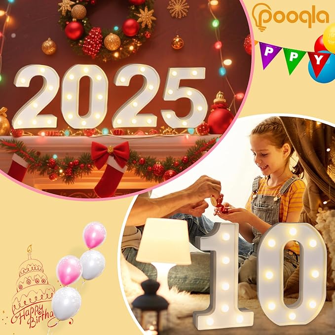 Pooqla Decorative Led Light Up Number Letters, White Plastic Marquee Number Lights Sign Party Wedding Decor Battery Operated Number (2)