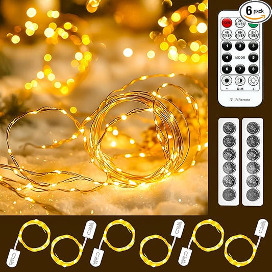HXWEIYE 6 Pack Fairy Lights Battery Operated with Remote & Timer, 7ft 20LED Mini Firefly Starry Lights Mason Jar Lights for Indoor Outdoor Bottle Tree Party Wedding Thanksgiving(Warm White)