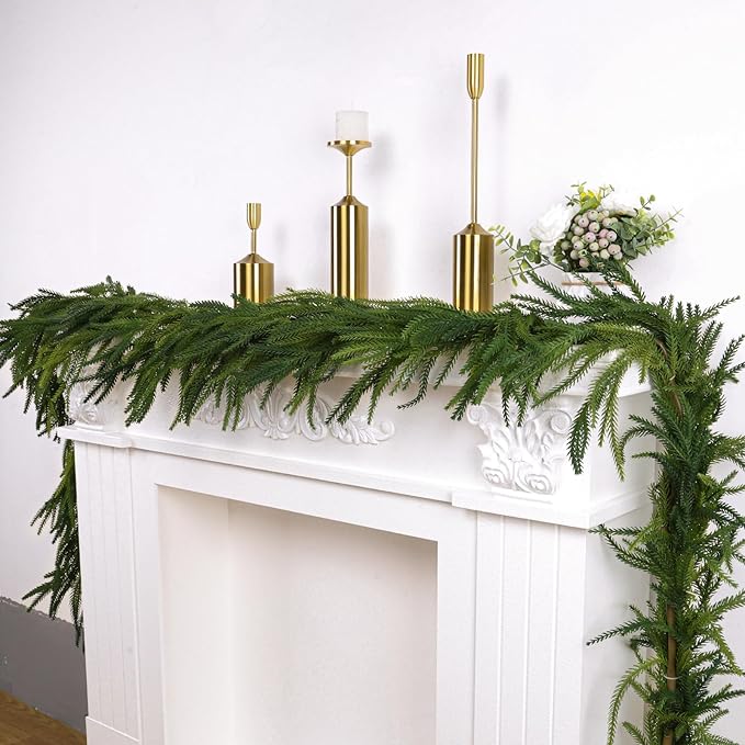 1 Pcs Artificial Norfolk Pine Garlands Christmas, 9 FT Dense Real Touch Winter Pine Garland Ornament, Green Artificial Greenery Garland for Table, Mantle, Wall, Indoor, Outdoor Christmas Decorations