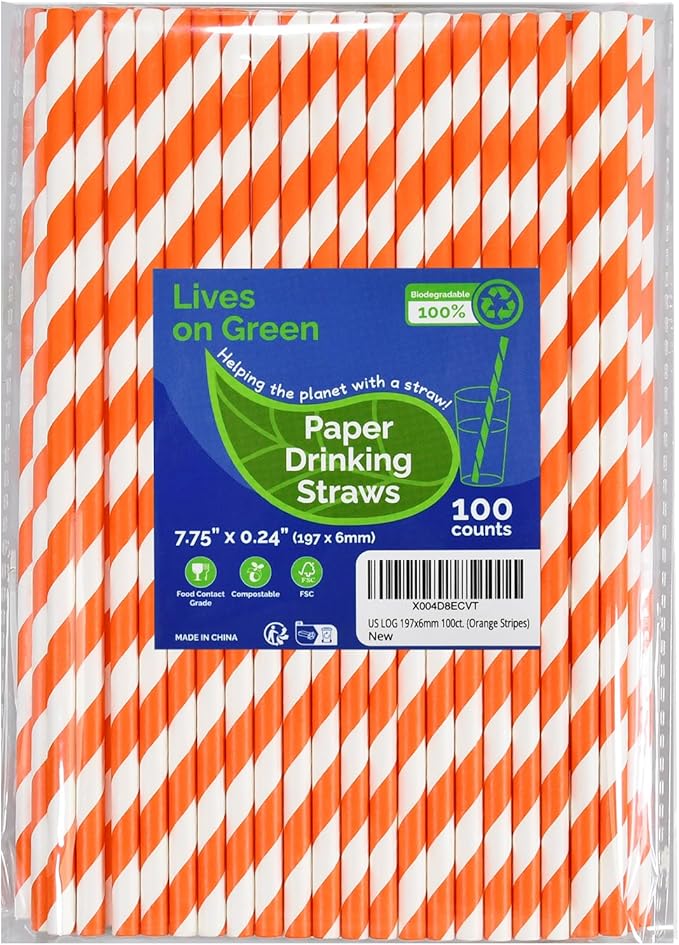 Compostable 7.75 inch Orange White Striped Paper Drinking Straws, 100 Counts - for Cocktail, Juice, Coffee, Bars, Restaurants