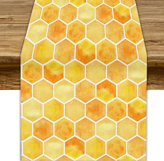 Honeycomb Bee Table Runner, Cute Abstract Geometric Yellow Honeycombs Print Table Cover for Kitchen Dining Table Indoor Outdoor Party Decor, 13x70inch
