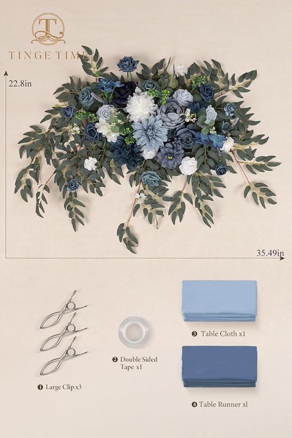 TINGE TIME Artificial Sweetheart Flower Swag with Table Cloth and Table Runner, Pack of 3 Floral Arrangement for Wedding Sweetheart Table Centerpiece Decoration (Dusty Blue)