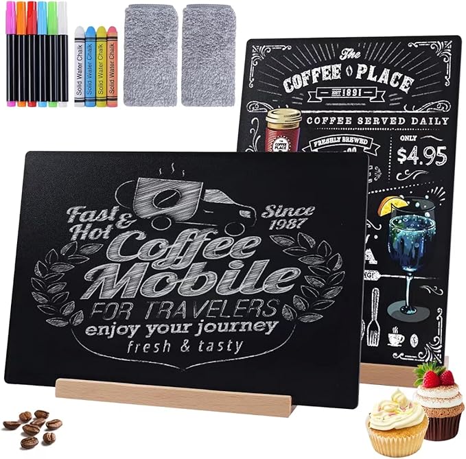 Small Chalkboard Sign, Reusable Double Sided Mini Chalkboard Signs with Wooden Base Stand, 12 x 8 Tabletop Chalkboard for Kids, DIY Home Decoration, Store Poster Display (2 Pack)