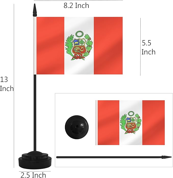 2 Pack Peru Desk Flag Set, Peruvian Desktop Small Miniature Table Office Flag with 12" Black Pole and Black Base, Offices, Classroom, Home, Festival Decoration (Peru)