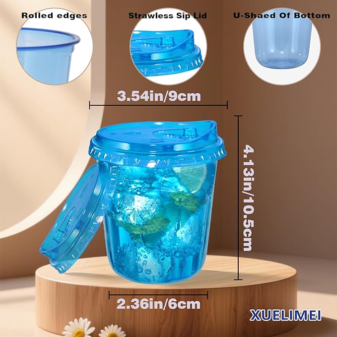 12oz Disposable Stemless Glasses With Strawless Sip Lids,PET Disposable Drinking Cups,Clear Plastic Wine Glasses for Parties Birthday,Wedding,Meeting,Christmas Party Supplies. (50, Blue)