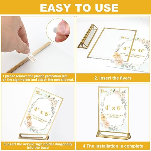EHWINE 26 Pack 4×6 Clear Acrylic Sign Holder with Gold Borders and Vertical Stand, Double Sided Table Menu Holders Picture Frames for Wedding Table Numbers, Restaurant Signs, Photos and Art Display