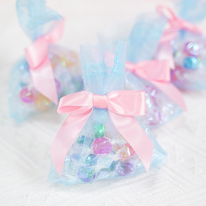 AIMUDI Baby Pink Satin Ribbon Twist Tie Bows 2.5" Light Pink Pretied Bows Premade Craft Bows for Treat Bags Cake Pop Gift Wrapping Basket Wedding Favors Cookie Candy Bagging Baby Shower - 50 Counts
