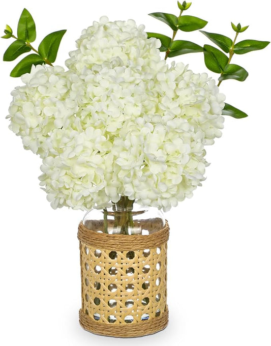 Hollyone White Hydrangea Artificial Flowers in Woven Glass Vase with Faux Water Silk Hydrangeas Fake Flowers Floral Arrangement for Home Indoor Bathroom Kitchen Office Table Centerpiece Shelf Decor