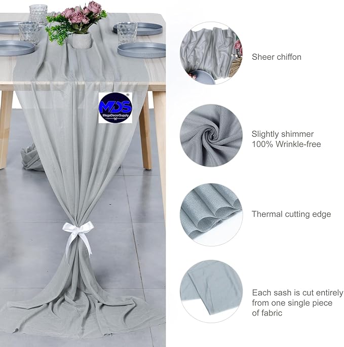 MDS Halloween Chiffon Table Runner - 25 Pack, 29 x 170 Inches, 14ft Each - Sheer Spooky Table Runners for Haunted House Parties, Trick-or-Treat Tables, Witchy Décor, Wedding & Events - Gray