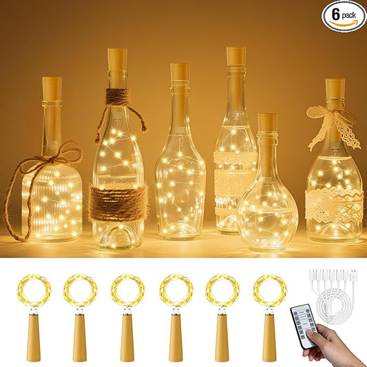 PChero USB Rechargeable Wine Bottle Lights with Cork & Remote Timer, 6 Pack 20 LED 6.6 ft Fairy String Lights for DIY Party Wedding Christmas Halloween Festival Bar Decoration
