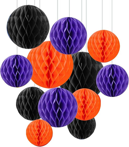 ZOOYOO 12Pcs 6" 10" Honeycomb Balls Decorations Hanging Tissue Paper Pom Poms for Halloween Graduations Birthday Wedding Fall Party Decorations(Orange Purple Black)