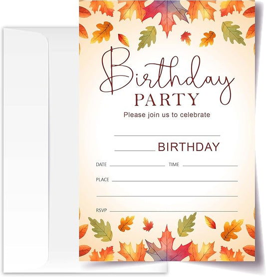 Fall Birthday Invitation Cards with Envelopes Pack of 20 (4"x6") - Leaf Autumn Themed Birthday Party Invitations.(159)