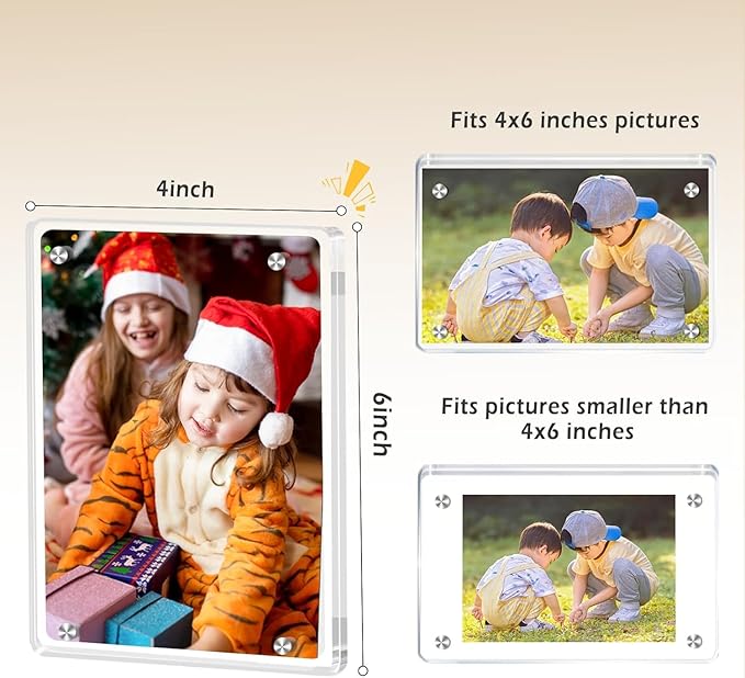 4 Pack Magnetic Picture Frames for Refrigerator 4x6, Acrylic Fridge Magnet Frame, Stylish Clear Framless Photo Frame for Home, Office, School Locker Display