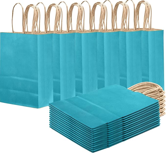 qiqee Sea Blue Gift Bag with Handles Bulk 24Pcs Paper Bags -8.3"x6"x3. 15" Party Favor Bags - Solid Color