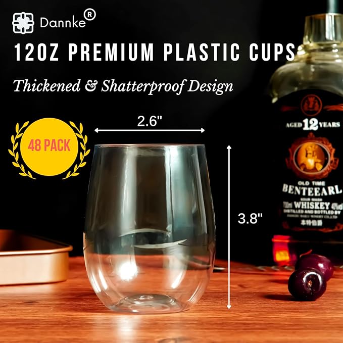 48 Stemless Plastic Wine Glasses - 12oz Clear Disposable Party Cups for Parties - Wine Tumblers