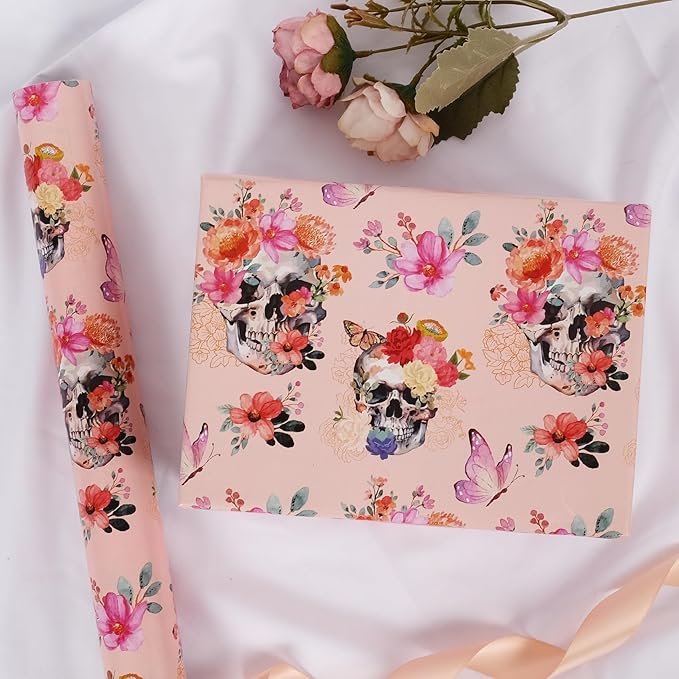 Aimyoo Gothic Wrapping Paper Roll, 17 Inch X 33 Feet Skull Floral Butterfly Design Gift Wrap Paper for Mother's Day, Birthday Bridal Shower