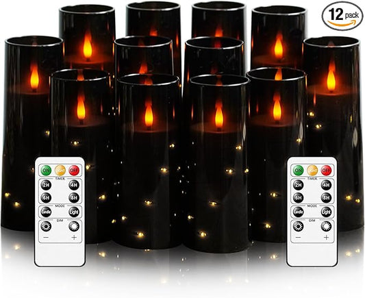 Flameless Candles with Embedded Star String - Battery Operated LED Candles, with Remote,12 Black Flickering Candles for Christmas, Weddings, Home Decor & Party,(D 2.3"×H 5" 6" 7")