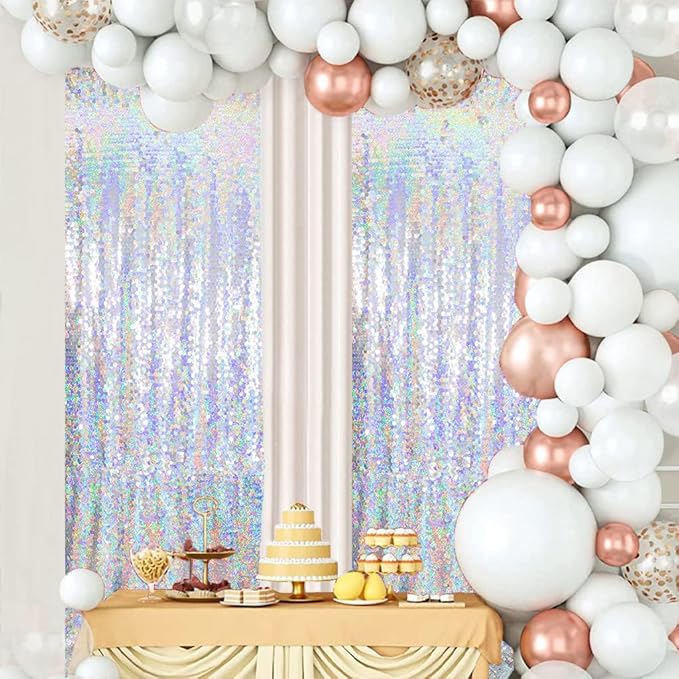 JYFLZQ Iridescent Silver Payette Sequin Backdrop Curtains 8ft x 8ft 1 Panel Glitter Thick Shimmer Backdrop Background Photo Booth Backdrops for Parties