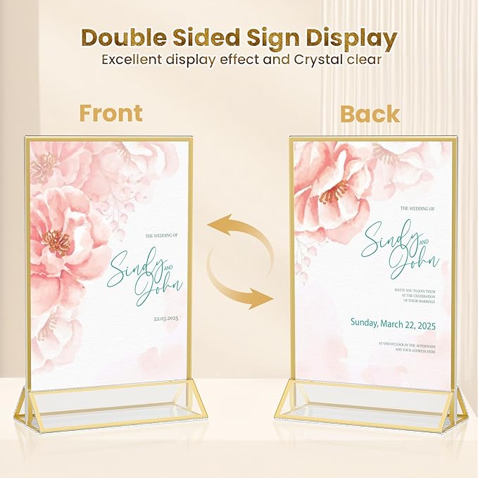 Acrylic Gold Sign Holders 4x6, 2 Pack Wedding Gold Table Number Holders, Double Sided Photo Display Picture Frame Paper Stand, Clear Flyer Stand Menu Holder for Wedding, Home, Party, Restaurant