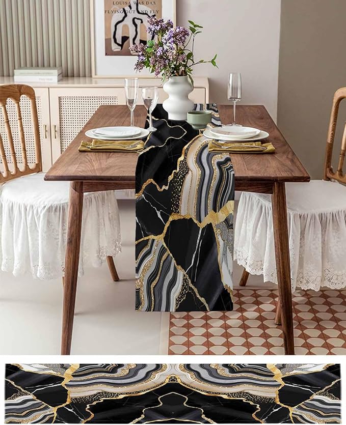 Geometric Black Marble Cotton Linen Table Runner for Dining Kitchen, Wedding Outdoor Party Tablerunners Decoration, Farm Marble Liquid Ripple Abstract Dresser Scarf Coffee Tablecloth Runners 13''x72''