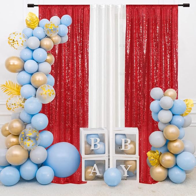 SquarePie Sequin Backdrop Curtain Non-Transparent Sparkly Background for Christmas Wedding Party 2FT x 8FT Red 2 Panel