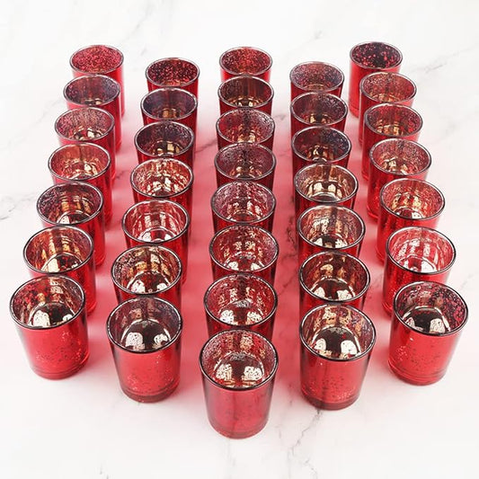 Red Mercury Glass Tea Light Holders Set of 36 - Elegant Votive Candle Holders for Weddings, Showers and Home Decor - Perfect for Table Centerpieces and Parties (Glass, Red)