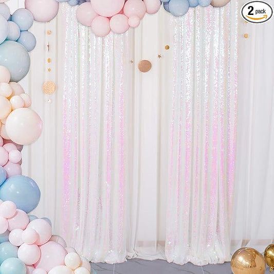 ShinyBeauty Sequin Backdrop 2FTx8FT Iridescent White 2 Pieces White Sequin Back Drop Glitter Background Sparkly Backdrop for Photograph Decorations