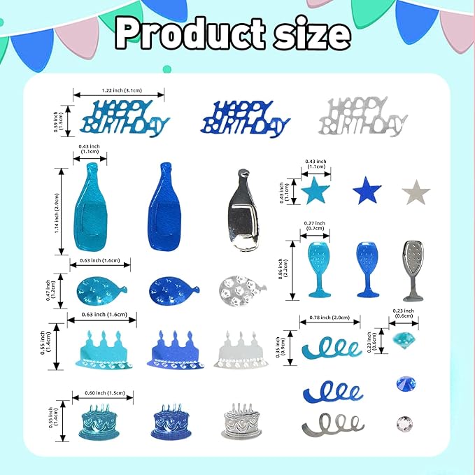 Blue and Silver Happy Birthday Confetti, 3000 Pcs Birthday Cake Table Metallic Foil Confetti Party Table Decor for Party, Baby Shower, DIY Arts and Crafting