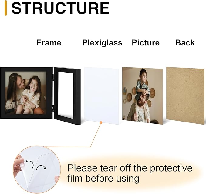 decorUhome Double 7x5 Picture Frame Vertical, Engineered Wood Bifold Photo Frame with Plexiglass for Tabletop Display, 7x5, Black