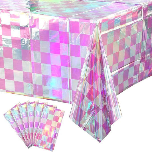 6 Pack Pink and Iridescent Checkered Plastic Tablecloth, Shiny Disposable Laser Rectangle Table Covers, Holographic Foil Tablecloth Iridescent Party Decorations for Picnic Camping Outdoor, 54x108Inch