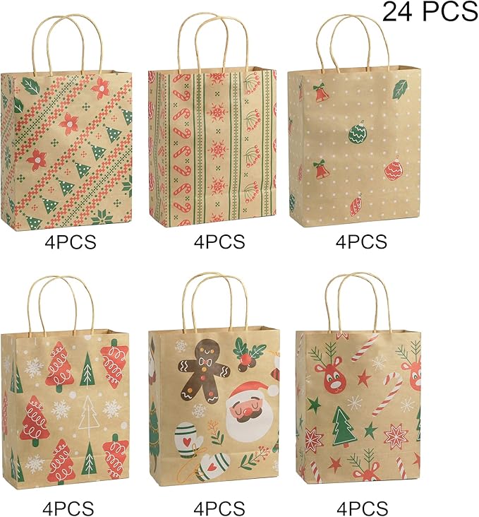 Ogrmar 24 PCS Christmas Gift Bags Kraft Holiday Wrapping Paper Bags with Christmas Prints for Holiday Party Favors Xmas Gift Box Packaging