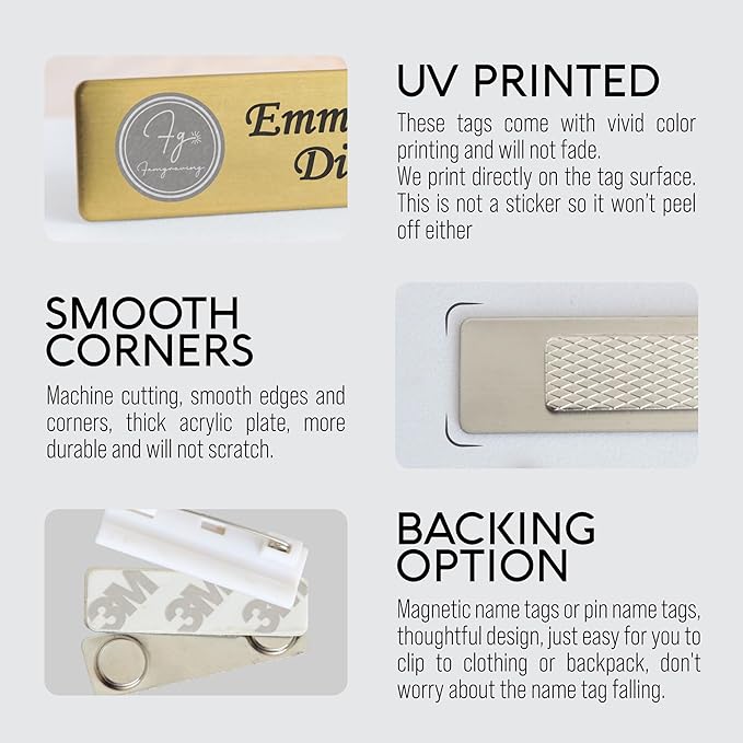 Personalized Name Tag Badges Identification Customized with Text & Logos, Acrylic Name ID for Clothing with Pin or Magnetic Backing, Gold & Silver Plates for Business or Employees