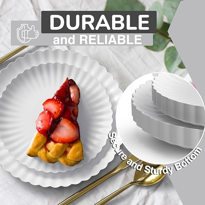 Trendables Scalloped Paper Plates 8.5 Inch & 10.5 Inch 80 Pcs Dinner Plate Set Fancy Disposable Plates for Party for 40 Guests 40 X 8 & 40 X 10 Large & Small Paper Plate Set for Parties Snow
