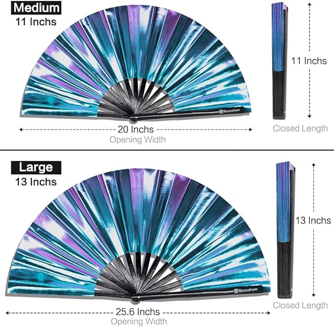 Large Rave Fan, Clack Folding Hand Fan with Premium Fabric, Thick Bamboo Frame for Men Women Gift for EDM, Festival, Club, Party, Dance, Decoration (Holographic Blue-Purple, 13")