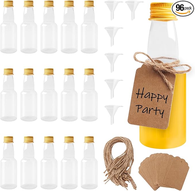 96 Pcs Mini Liquor Bottles Set, 30 Pcs 2oz Plastic Alcohol Bottles with Gold Cap, 30pcs Kraft Tags and 6pcs Funnels with 30pcs Ropes, Miniature Bottle Bulk for Wedding Birthday Christmas Party Favor