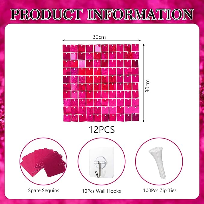 12PCS Fuchsia Shimmer Wall Backdrop, Laser Square Sequin Photo Backdrops Panel, Glitter Wall Background for Birthdays, Weddings, Christmas, Engagements, Disco Bachelorette Party Decoration (3FTx4FT)