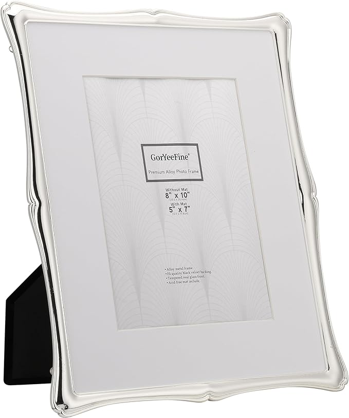 8 x 10'' Premium Alloy Silver Photo Frame with 5x7'' Mat - Luxury Hi End Display Picture Frames 5x7'' with Black Velevt Back