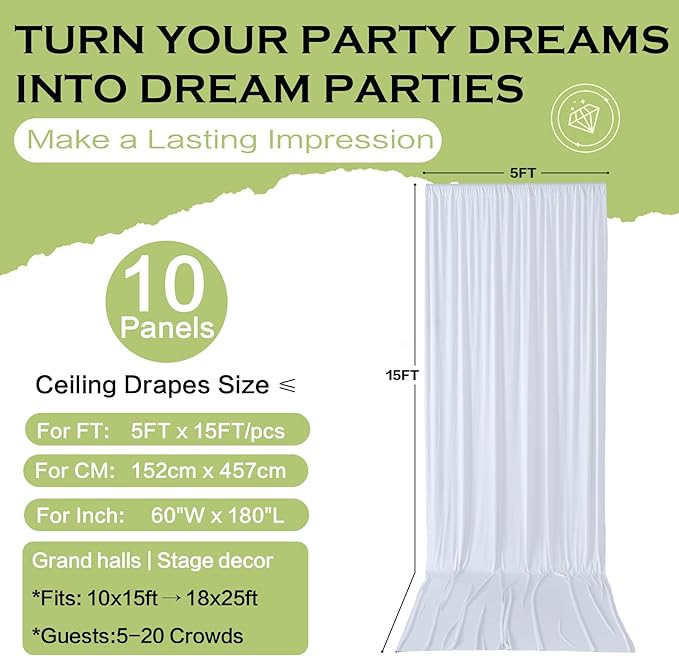 PartyVillage 50ft×15ft White Backdrop Curtain for Wedding Parties, 10 Panels Wrinkle Free 15 FT Long Polyester Photo Backdrop Drapes Back Drop Cloth for Birthday Photography Background