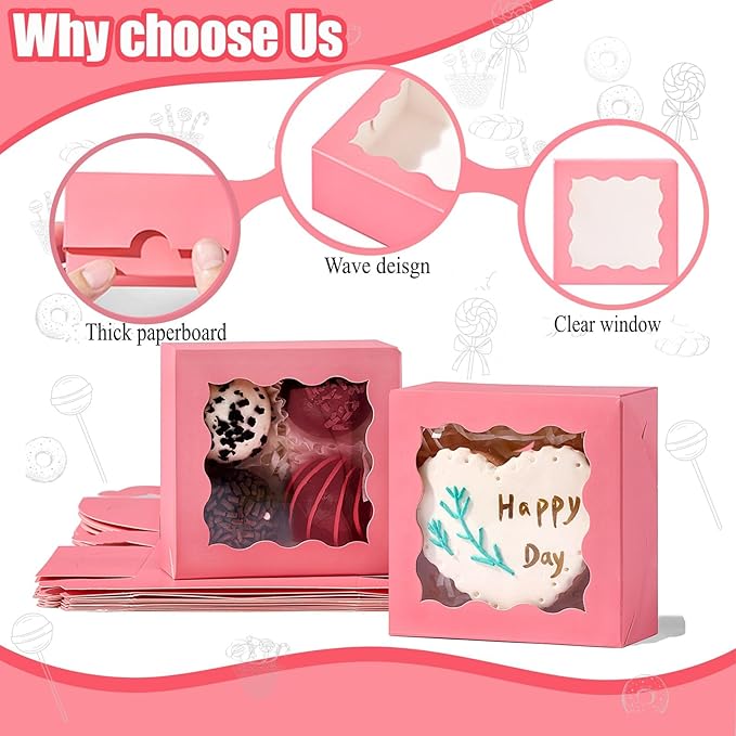RomanticBaking 3 ¼" x 3 ¼" x 1 ½" 50PCS Chocolate Truffle Boxes for 4，Cookies Boxes Soap Boxes Donut Boxes Macaron Boxes Mini Bakery Boxes with Window Brownie Box