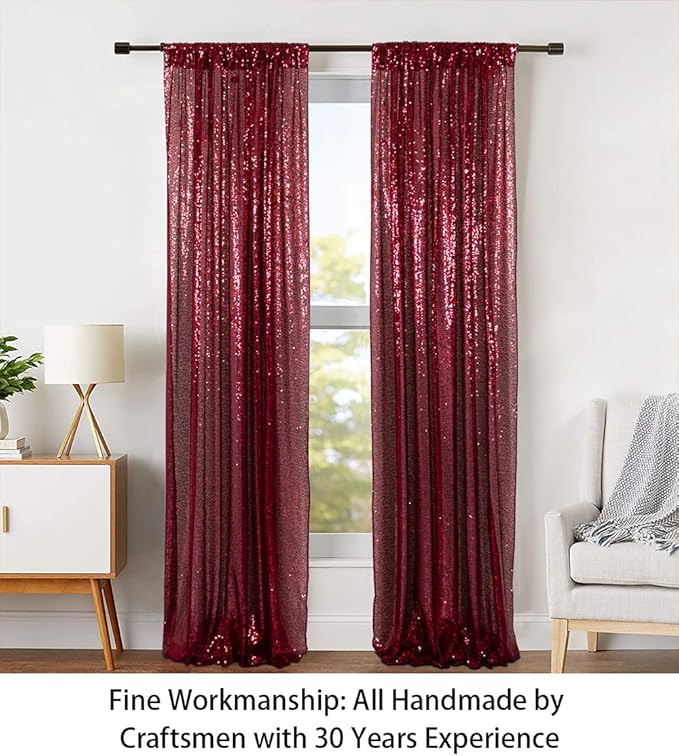 ShinyBeauty Sequin Curtains 2 Panels Burgundy 2FTx8FT Sequin Photo Backdrop Burgundy Sequin Backdrop Curtain Pack of 2-190222E