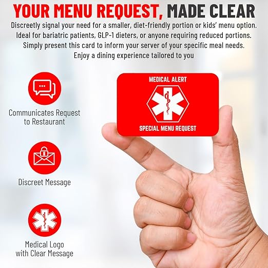 Bariatric Card for Restaurants, Special Menu Request Card, Portion Control Restaurant Request for Bariatric or Gastric Sleeve Patients, Wallet Sized, Set of 2 Cards (2, Red, 3.375in x 2.125in)